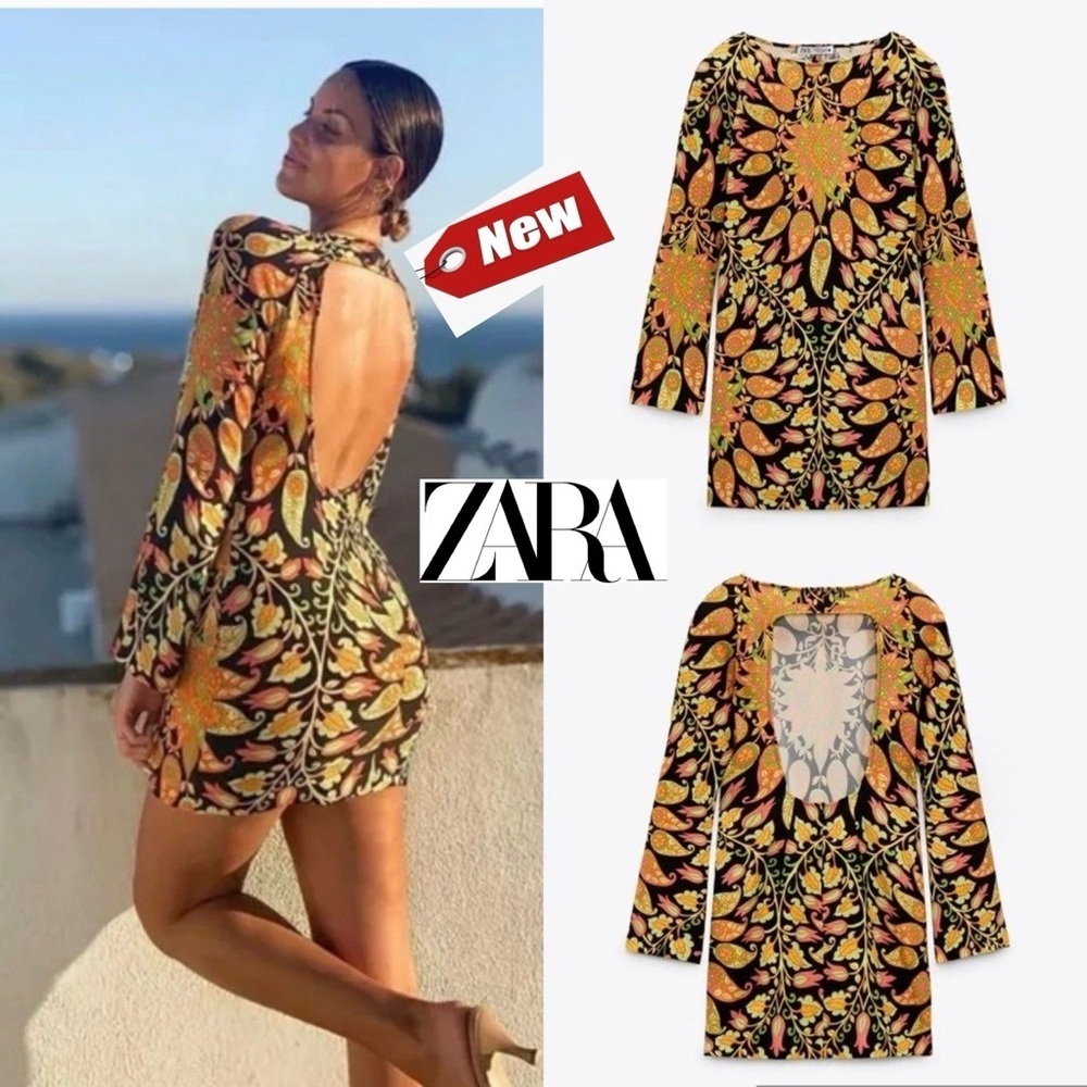 Zara orange paisley printed open back long sleeve mini dress NWT 70s hippie boho